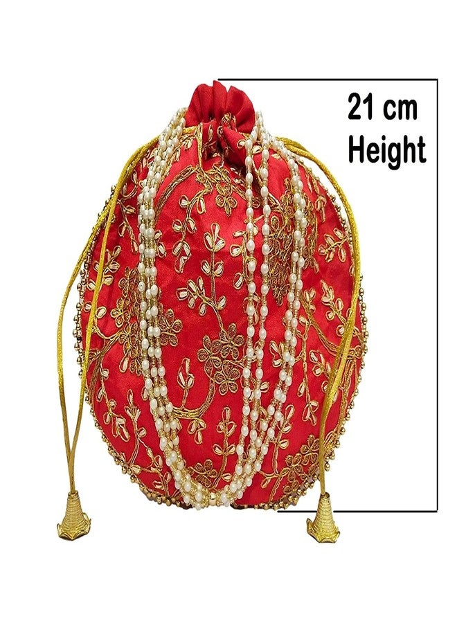 athizay Wedding Return gifting potli combo of 6 pieces || drawstring closure ||,medium size || fits large mobile phone (Red, Golden) - Image 3